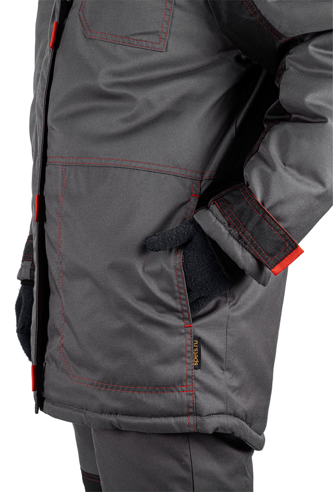 Костюм женский КМ-10 ЛЮКС от пониженных температур воздуха и ветра, механических воздействий и ОПЗ (куртка, брюки), серый/красный/черный