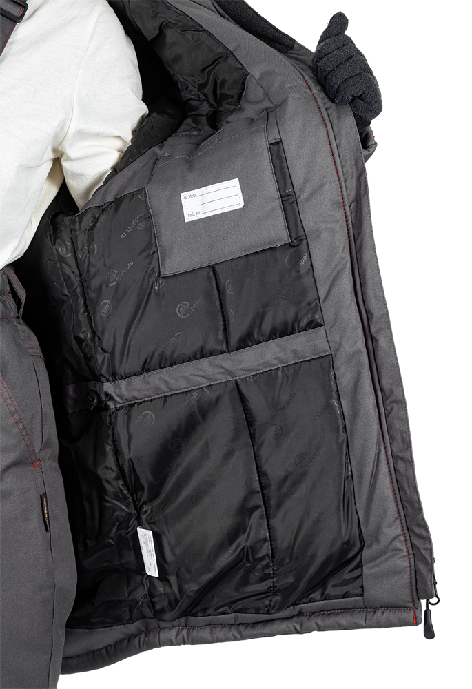 Костюм женский КМ-10 ЛЮКС от пониженных температур воздуха и ветра, механических воздействий и ОПЗ (куртка, брюки), серый/красный/черный