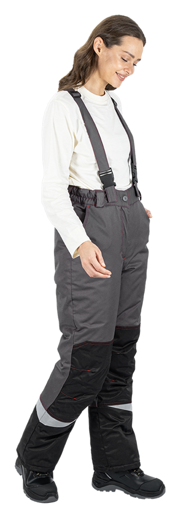 Костюм женский КМ-10 ЛЮКС от пониженных температур воздуха и ветра, механических воздействий и ОПЗ (куртка, брюки), серый/красный/черный