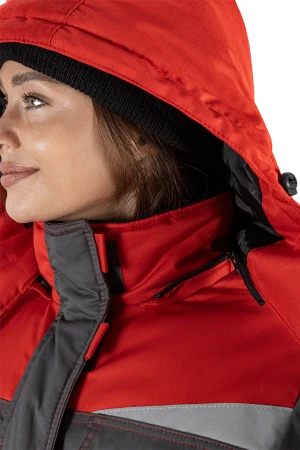 Костюм женский КМ-10 ЛЮКС от пониженных температур воздуха и ветра, механических воздействий и ОПЗ (куртка, брюки), серый/красный/черный